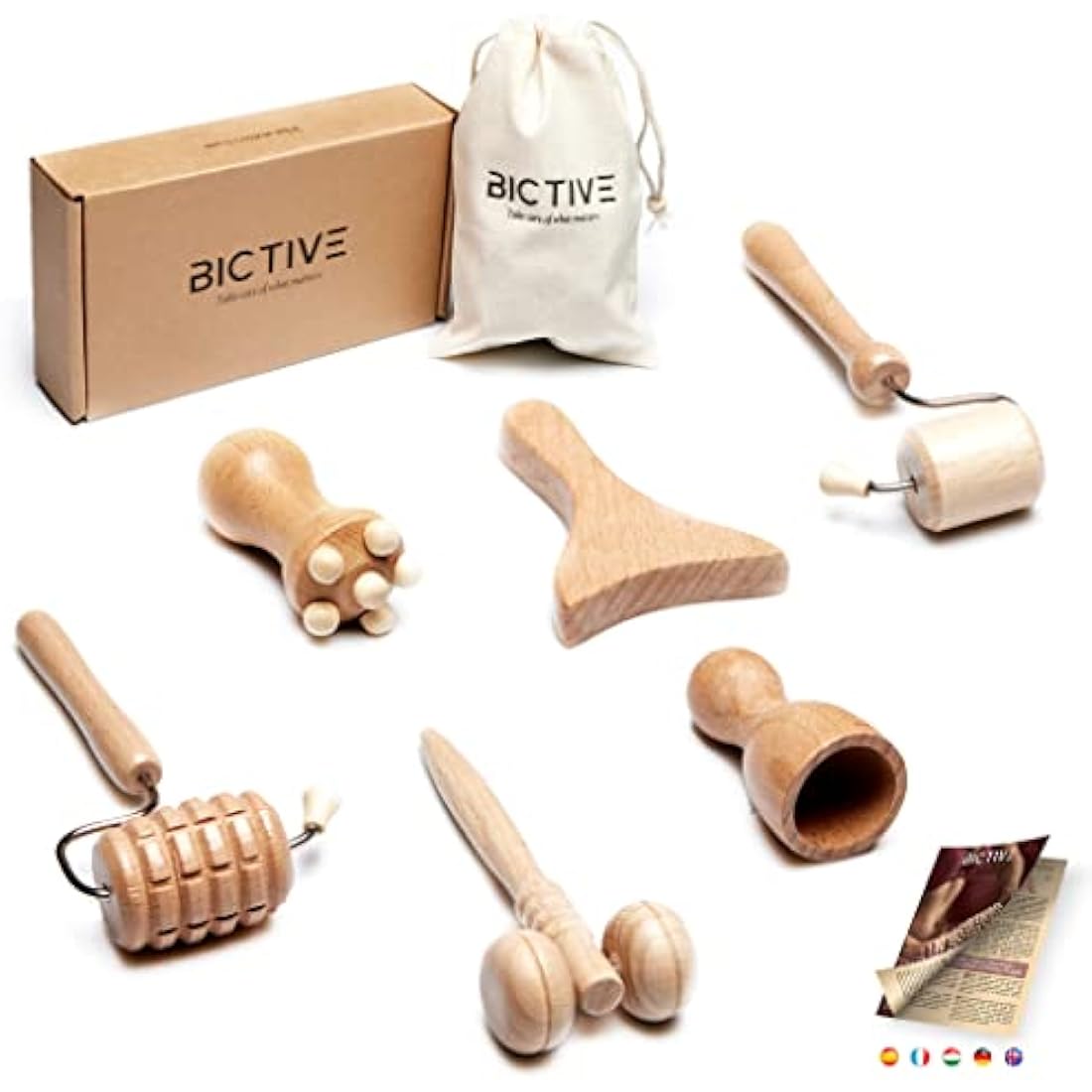BICTIVE Wood Therapy Face Roller and Gua Sha Set | 6-Piece Facial Tools