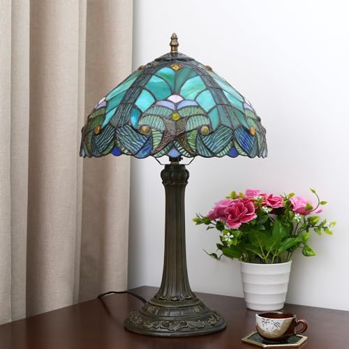 Blivuself Tiffany Table Lamp | 12" Green Stained Glass Antique Desk Light