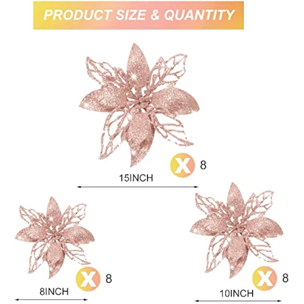 Jolof Store Rose Gold Glitter Poinsettia Flowers - 24pc Christmas Ornaments