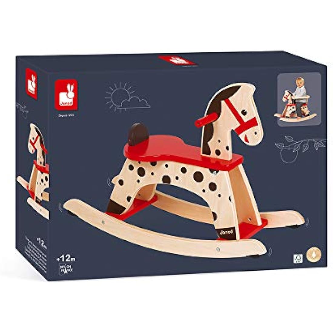 Janod Caramel Wooden Rocking Horse – Toddler Balance Toy, Brown/Red