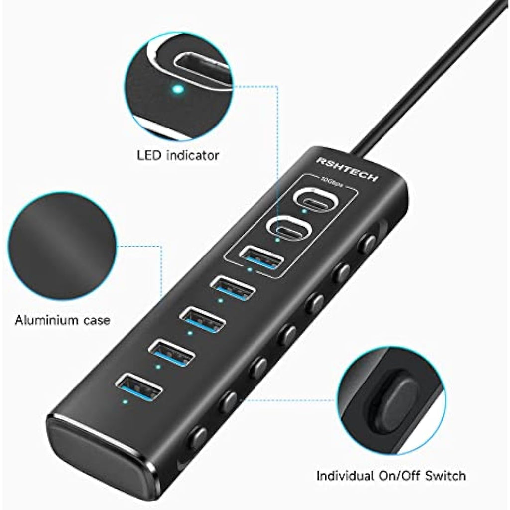 RSHTECH 7-Port Powered USB 3.1 Hub | 10Gbps Data Transfer & 24W Adapter