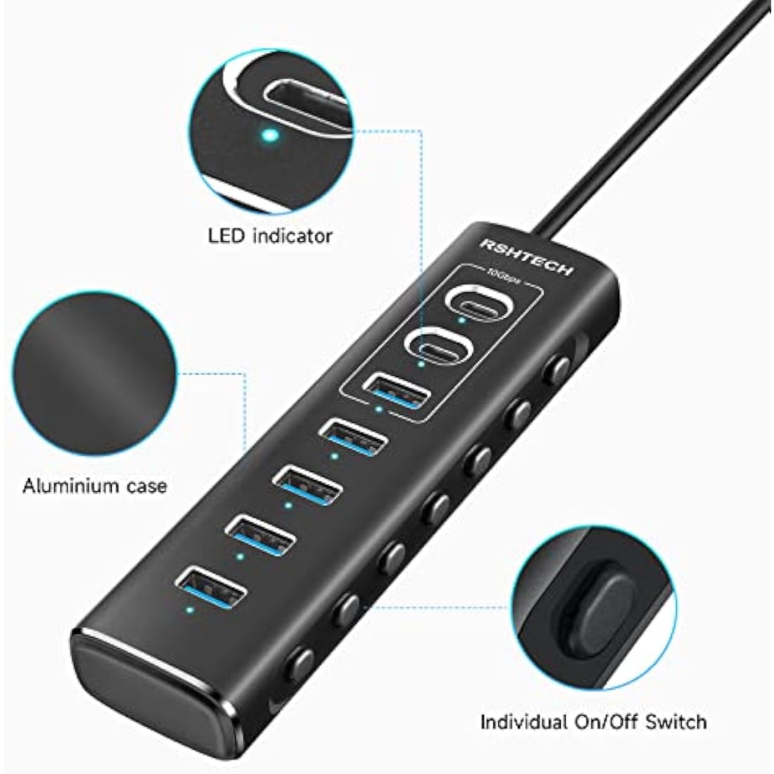 RSHTECH 7-Port Powered USB 3.1 Hub | 10Gbps Data Transfer & 24W Adapter