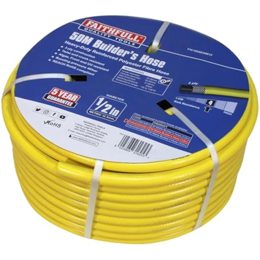 Faithfull Heavy-Duty Reinforced PVC Builders Hose | 50M x 12.5mm Yellow