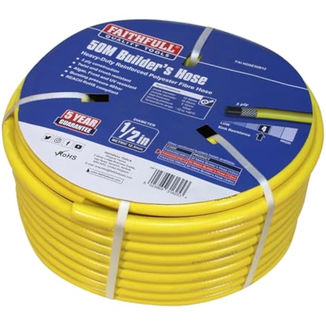 Faithfull Heavy-Duty Reinforced PVC Builders Hose | 50M x 12.5mm Yellow