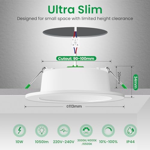 ALUSSO LIGHTING LED Downlights - 10W Dimmable IP44 Recessed Lights, 6 Pack