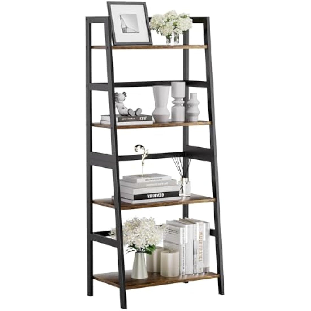 HITNET 4-Tier Ladder Shelf | Bamboo Frame Bookshelf in Rustic Brown