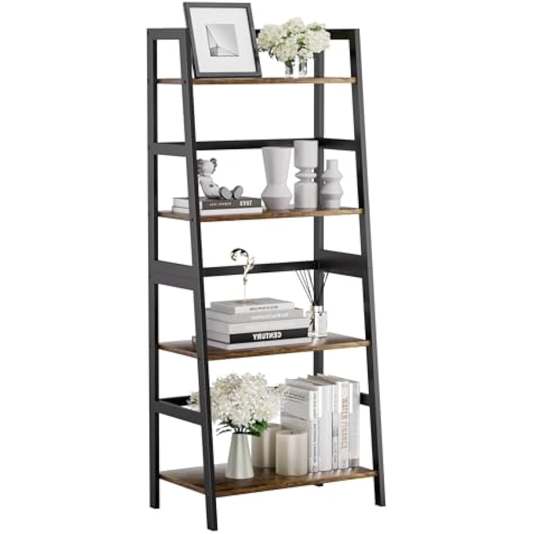 HITNET 4-Tier Ladder Shelf | Bamboo Frame Bookshelf in Rustic Brown