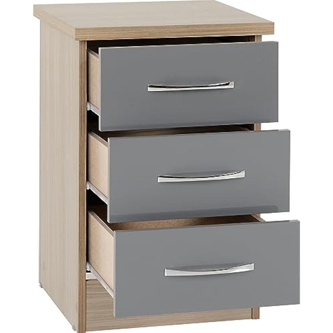 Seconique Nevada 3 Drawer Bedside Table – Grey Gloss & Light Oak