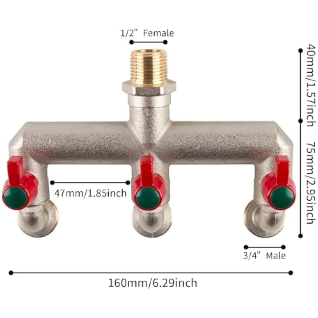 Brass 3-Way Multi-Tap Connector | 1/2" Inlet to 3/4" Outlets