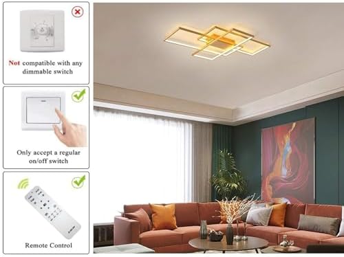 JIINOO Modern LED Ceiling Light | 50W Dimmable 3-Square Gold Chandelier