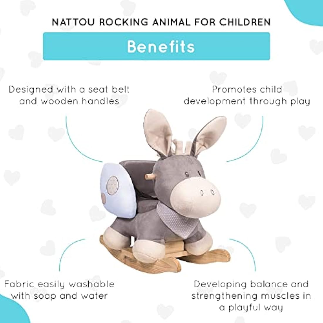 Nattou Donkey Wooden Rocking Animal Toy | Padded Seat & Safety Belt