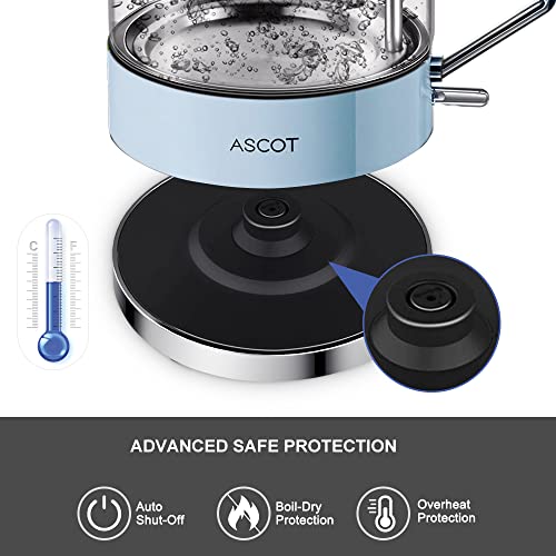 ASCOT Glass Electric Kettle – 1.5L Fast Boiling Tea Heater, Blue