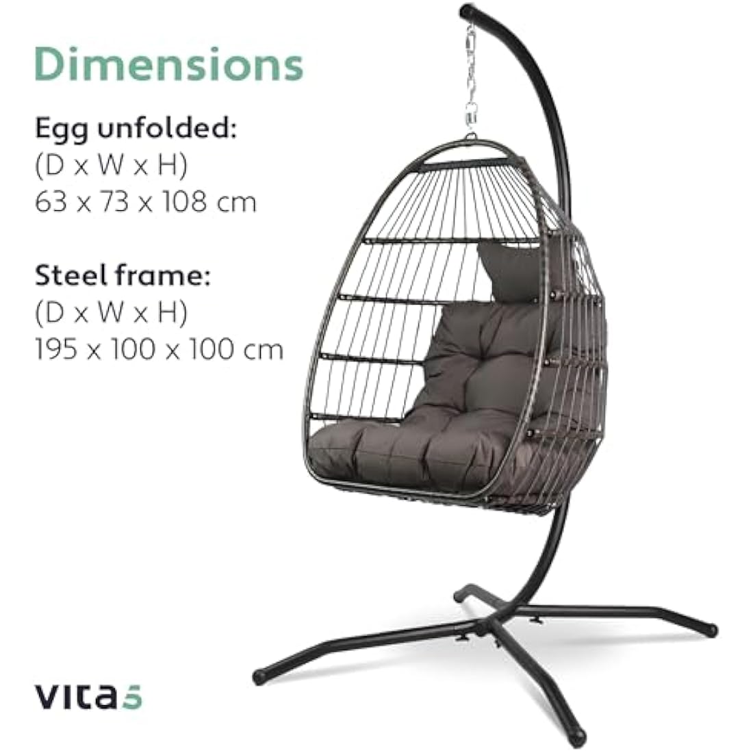Vita5 Foldable Hanging Egg Chair with Frame | Polyrattan - Dark Grey