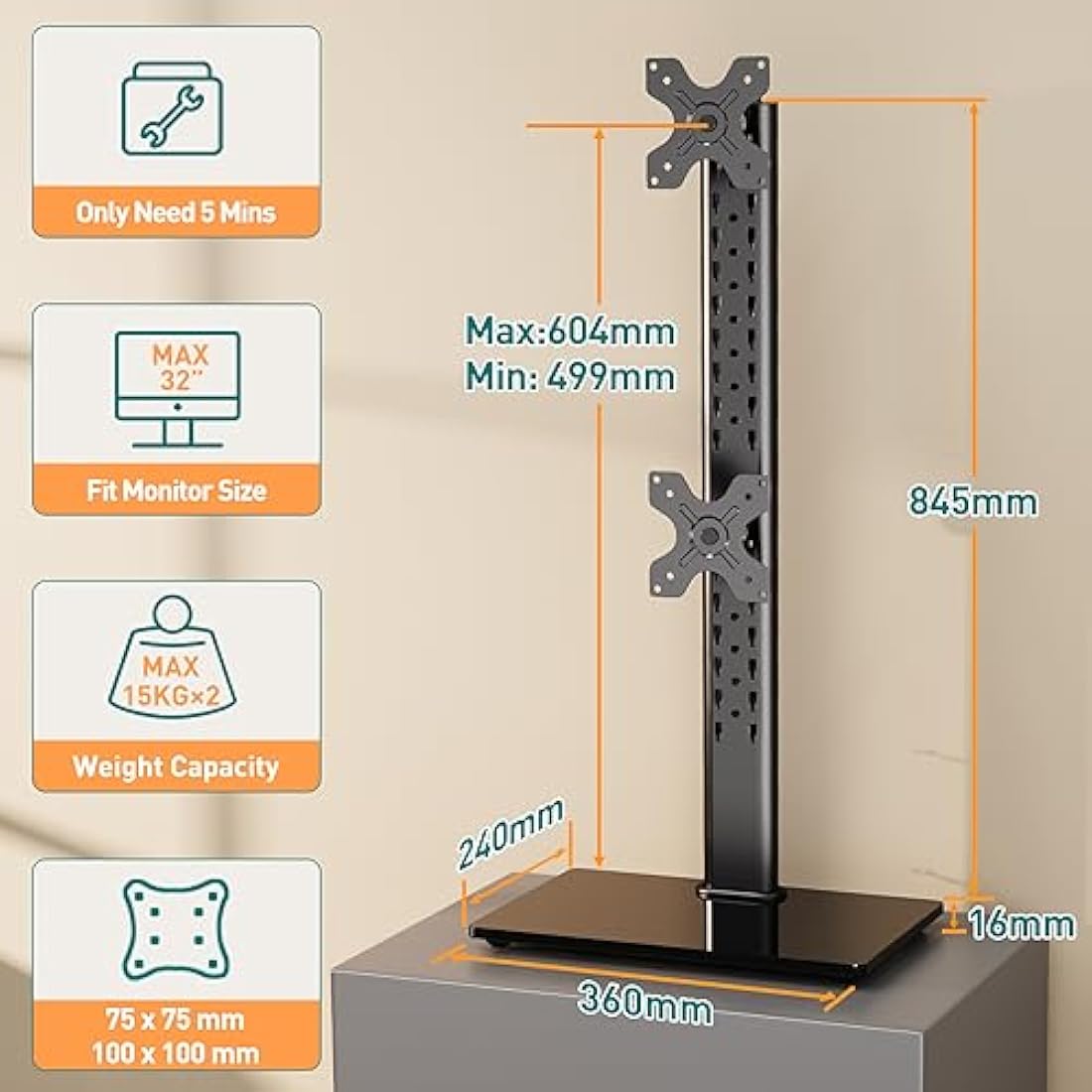 ELIVED Dual Monitor Stand – Freestanding Height Adjustable Arm for 13-32"