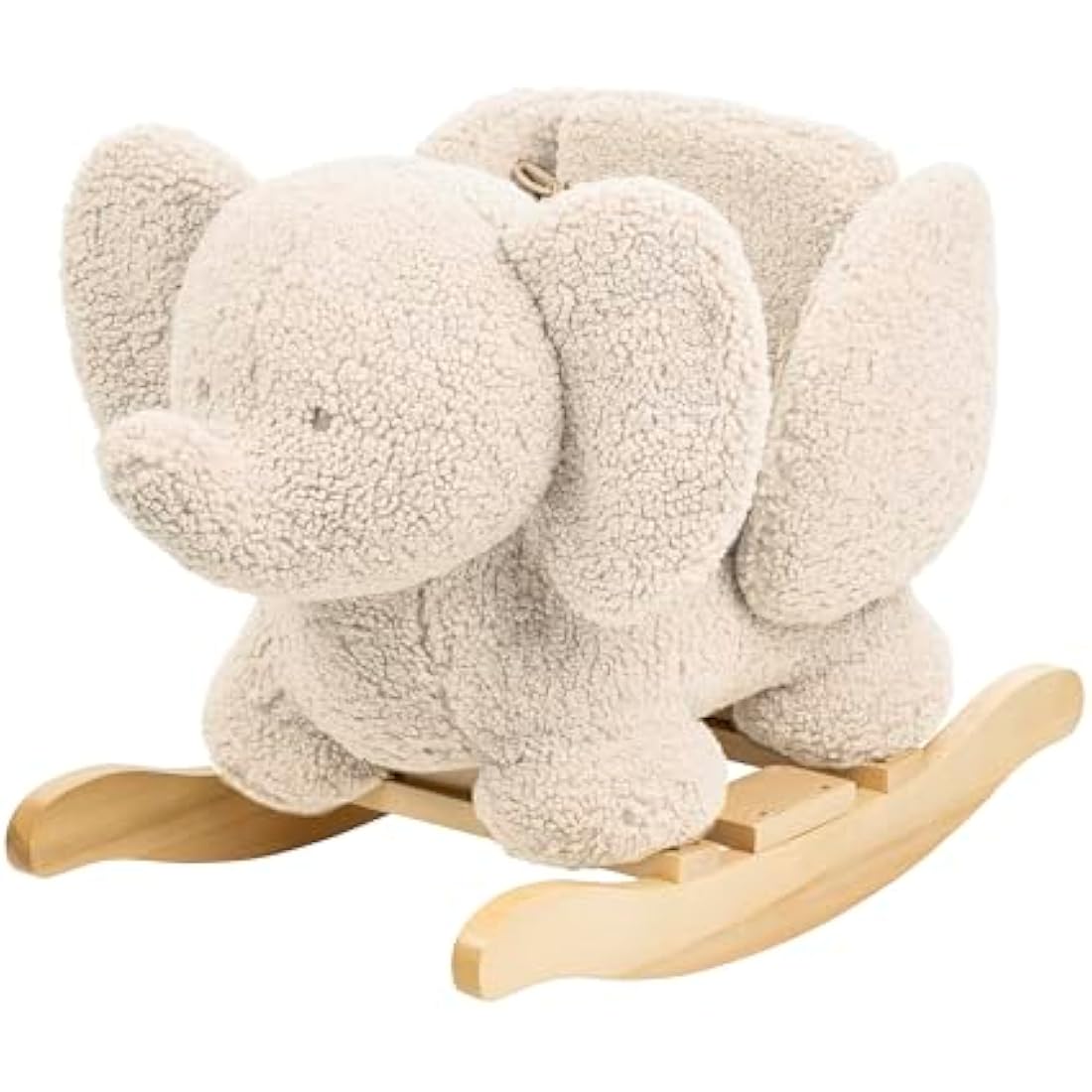 Nattou Ecru Elephant Wooden Rocker | Padded Vegan Teddy Fabric Seat