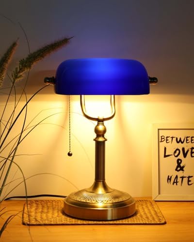 Blue Glass Bankers Desk Lamp – Adjustable Vintage Office Light