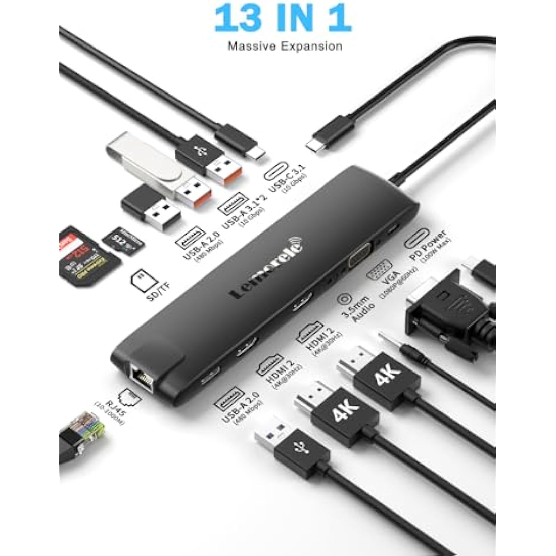 Lemorele 13-in-1 USB-C Docking Station | 4K Dual HDMI, 10Gbps & PD 100W