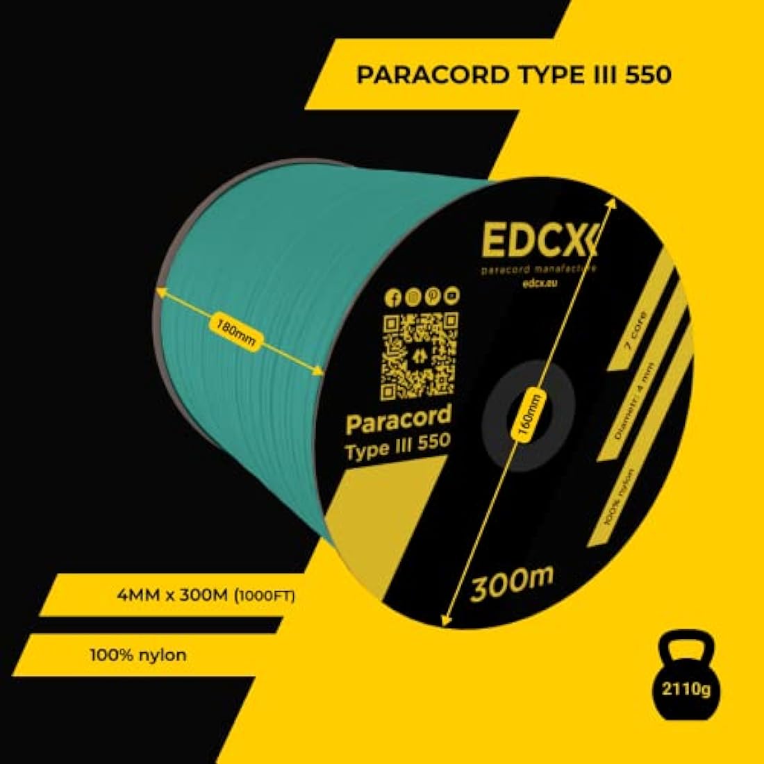 EDCX 550 Paracord – 4mm 7-Strand Nylon Rope for Camping & DIY, 15m