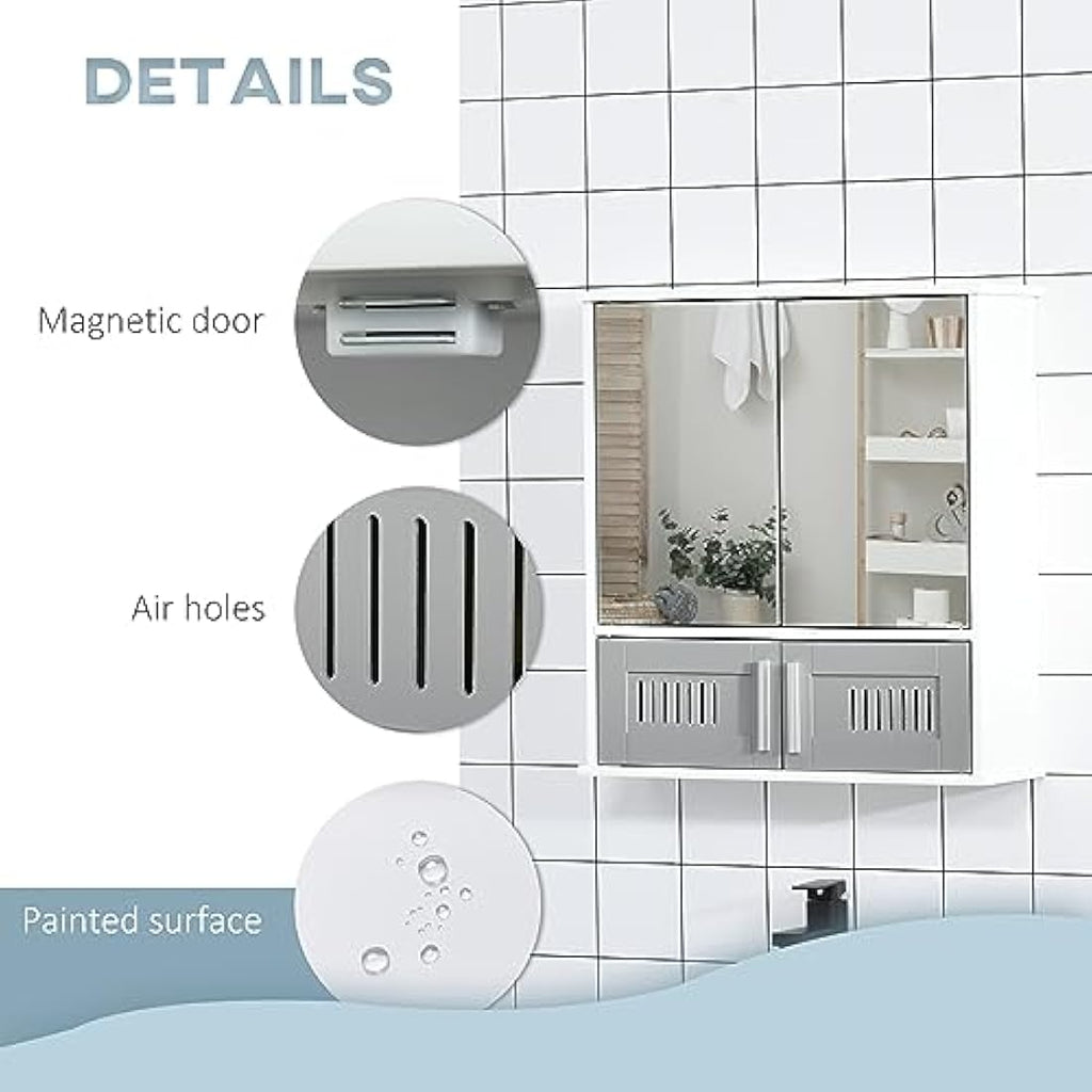 Kleankin Grey Bathroom Mirror Cabinet | Wall Mounted Storage Cupboard