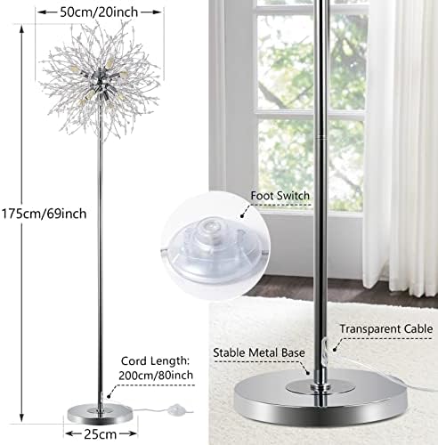 Rayofly Modern Crystal Fireworks Floor Lamp | 8-Light Chrome Standing Lamp