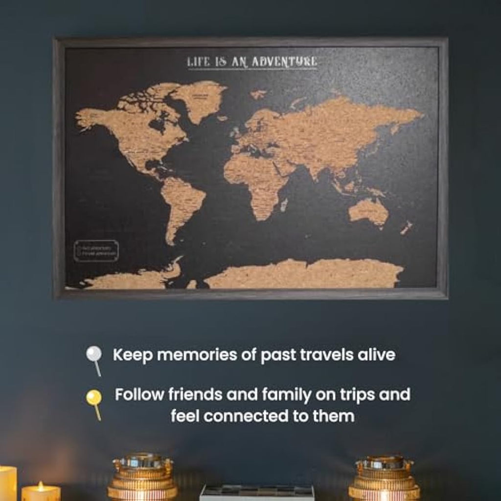 World Map Pin Board – Large Black Framed Cork Board