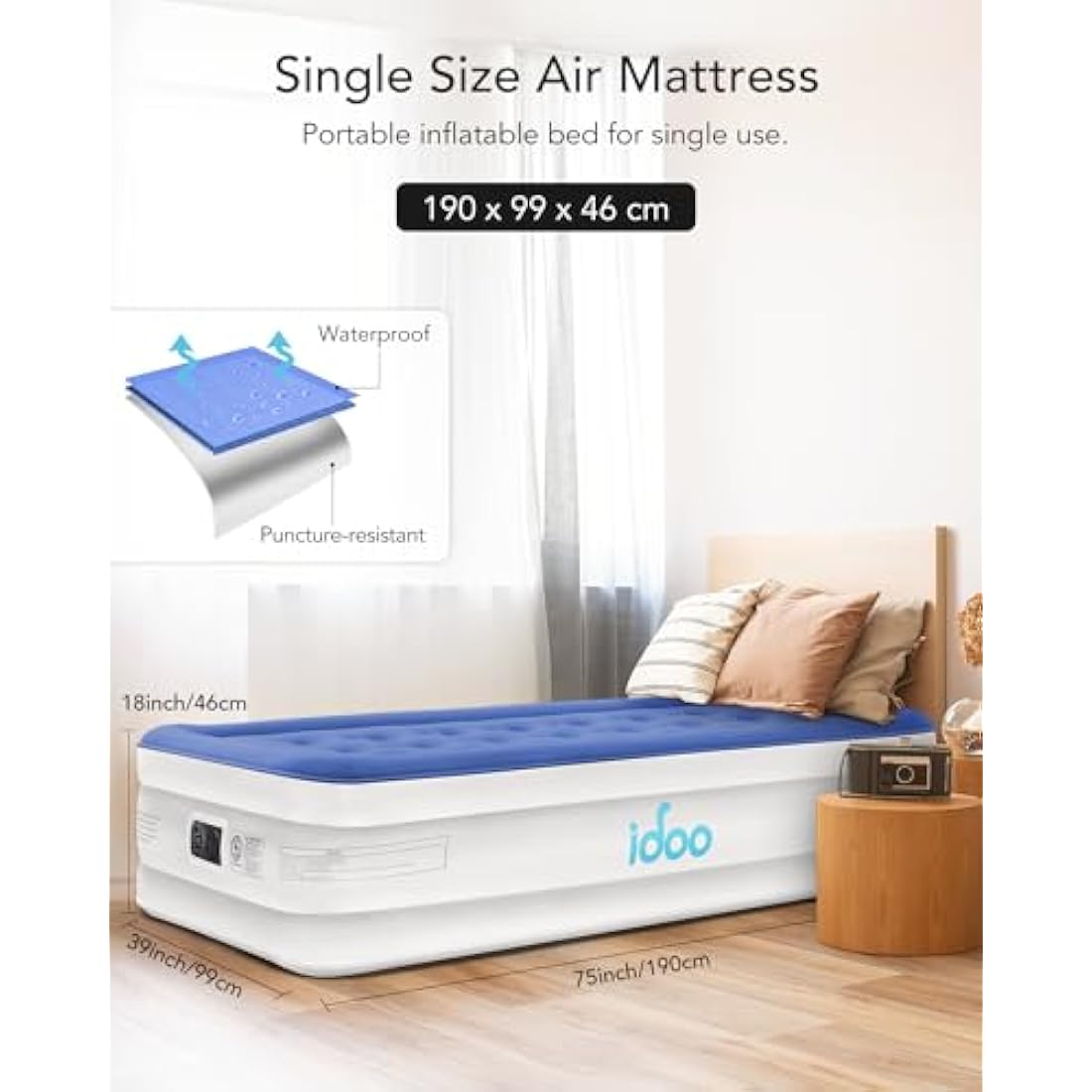 iDOO Single Air Mattress with Built-in Pump - Inflatable Camping Guest Bed
