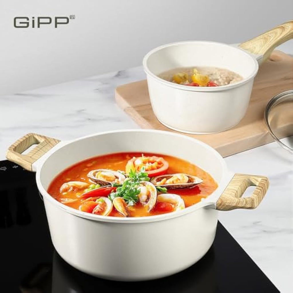 GiPP 14-Piece White Ceramic Nonstick Cookware Set | Induction Pots and Pans