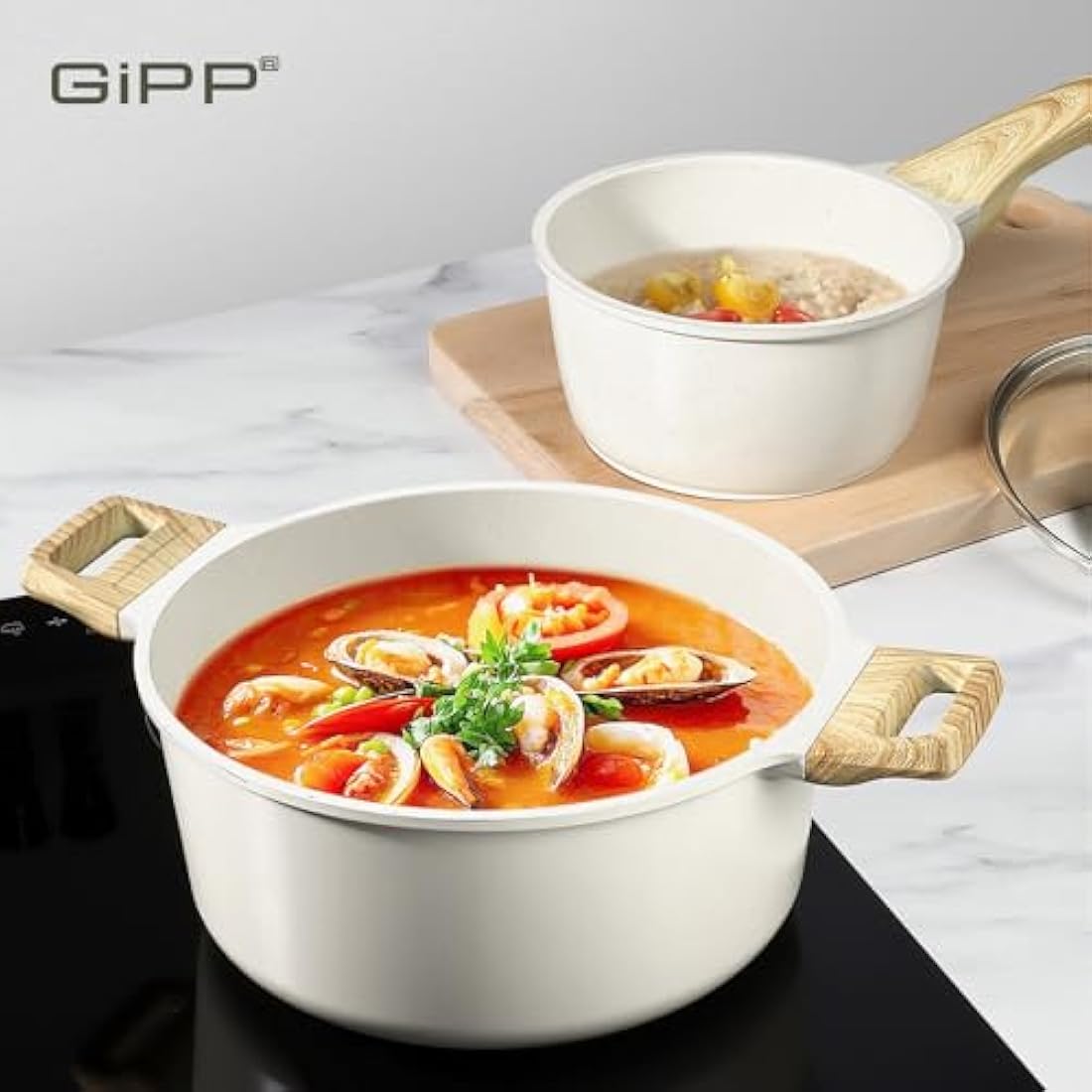 GiPP 14-Piece White Ceramic Nonstick Cookware Set | Induction Pots and Pans