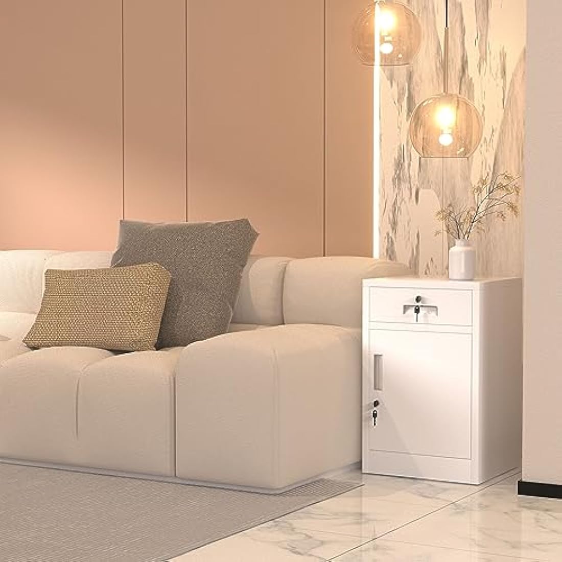 Metal Storage Cabinet – Lockable Drawer & Adjustable Shelf, White