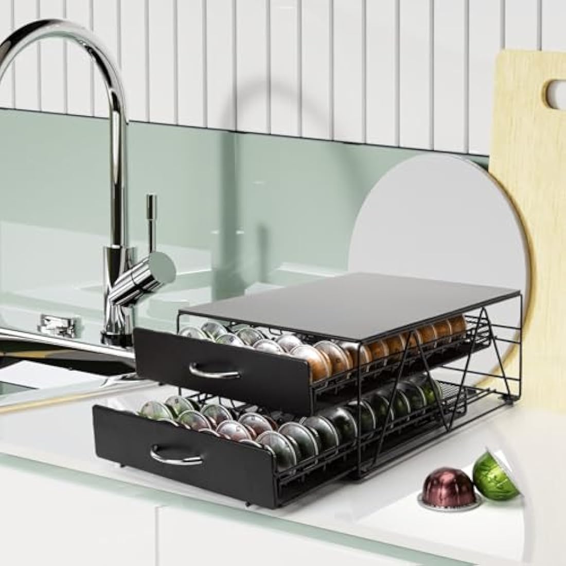 Jolof Store 2-Tier Coffee Pod Holder – 80 Capsule Metal Storage Drawer