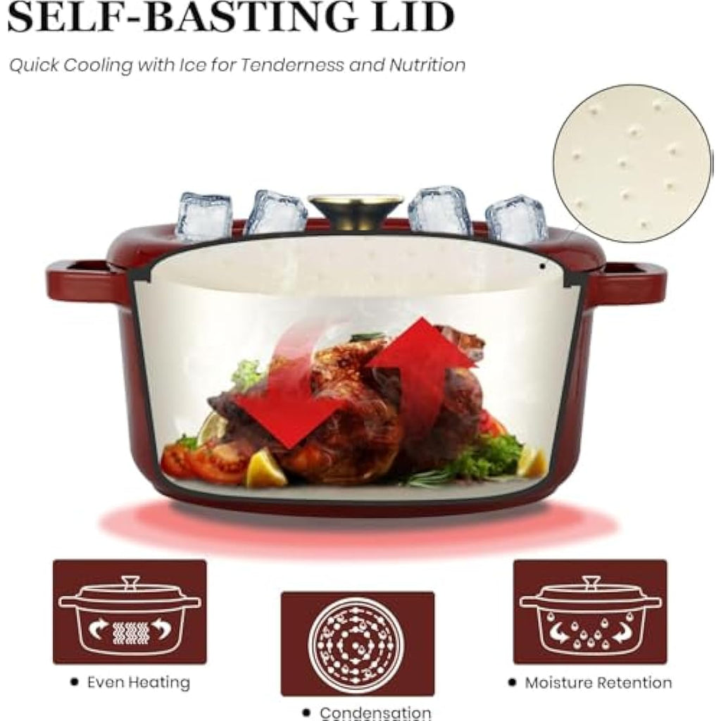 Overmont 5L Enameled Cast Iron Dutch Oven – 26cm Bread Baking Pot, Red