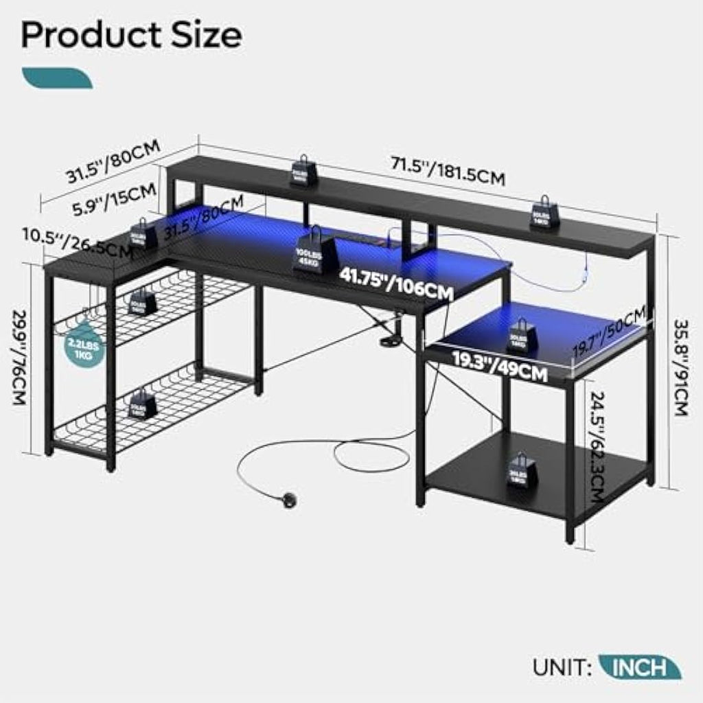 Bestier L-Shaped Gaming Desk with RGB LED Lights and Power Outlets