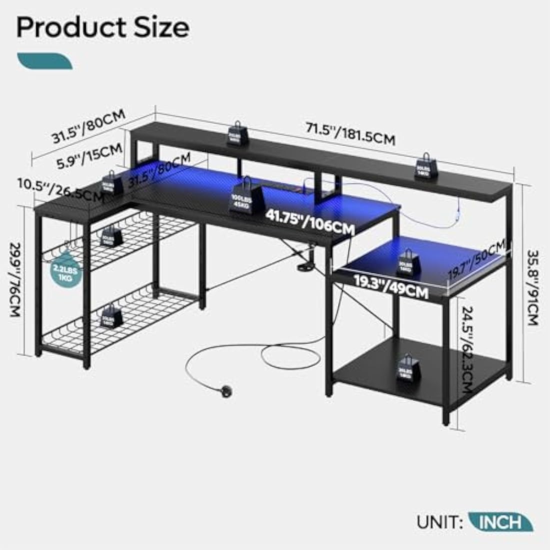 Bestier L-Shaped Gaming Desk with RGB LED Lights and Power Outlets