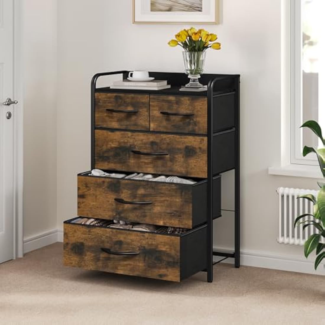 YITAHOME 5-Drawer Fabric Dresser – Rustic Brown Storage Chest with Metal Frame