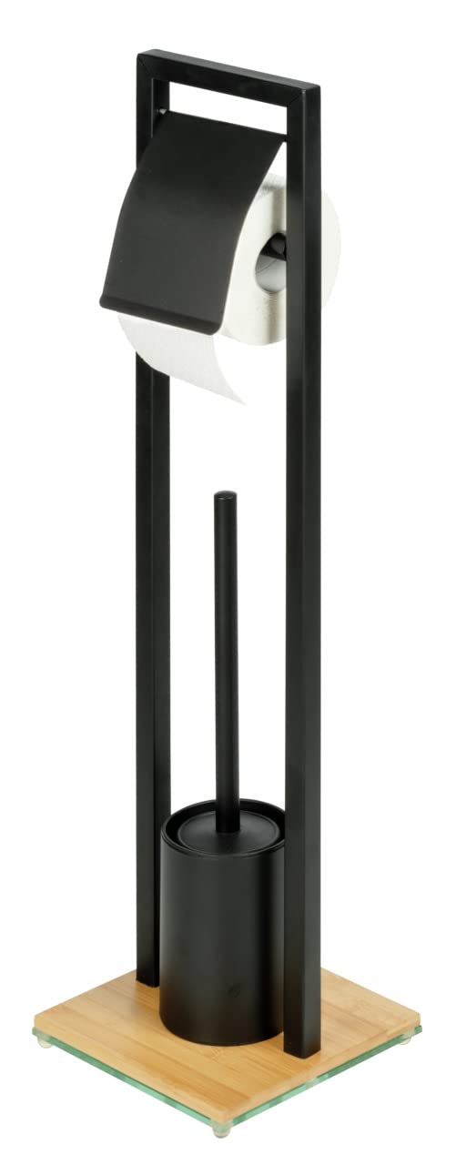 Wenko Bamboo Toilet Brush Holder & Roll Stand – Black Steel 2-in-1 Set