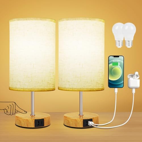 Suright Touch Bedside Lamps Set of 2 | 3-Way Dimmable with USB A+C