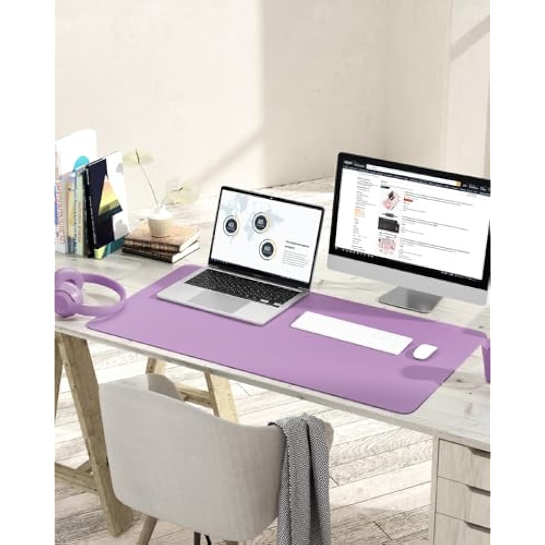 YSAGi Leather Desk Pad – Non-Slip Waterproof Writing Mat, Purple (90x43cm)