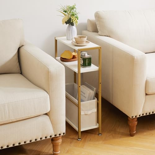 Aibiju Narrow Side Table | 3-Tier Slim End Table with Fabric Basket, White
