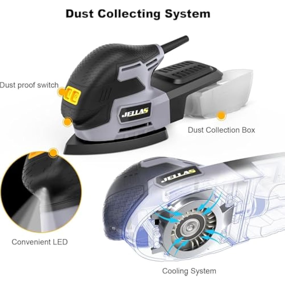 JELLAS Detail Mouse Sander – 220W Compact Wood Sander with 16 Sandpapers