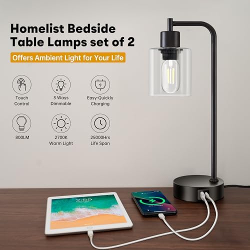 Homelist Touch Bedside Lamps Set of 2 - Industrial Dimmable USB C+A Ports