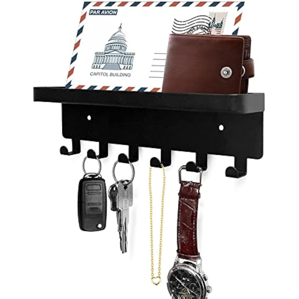 Wall Key Holder with Mail Tray – 6 Hooks Metal Entryway Rack