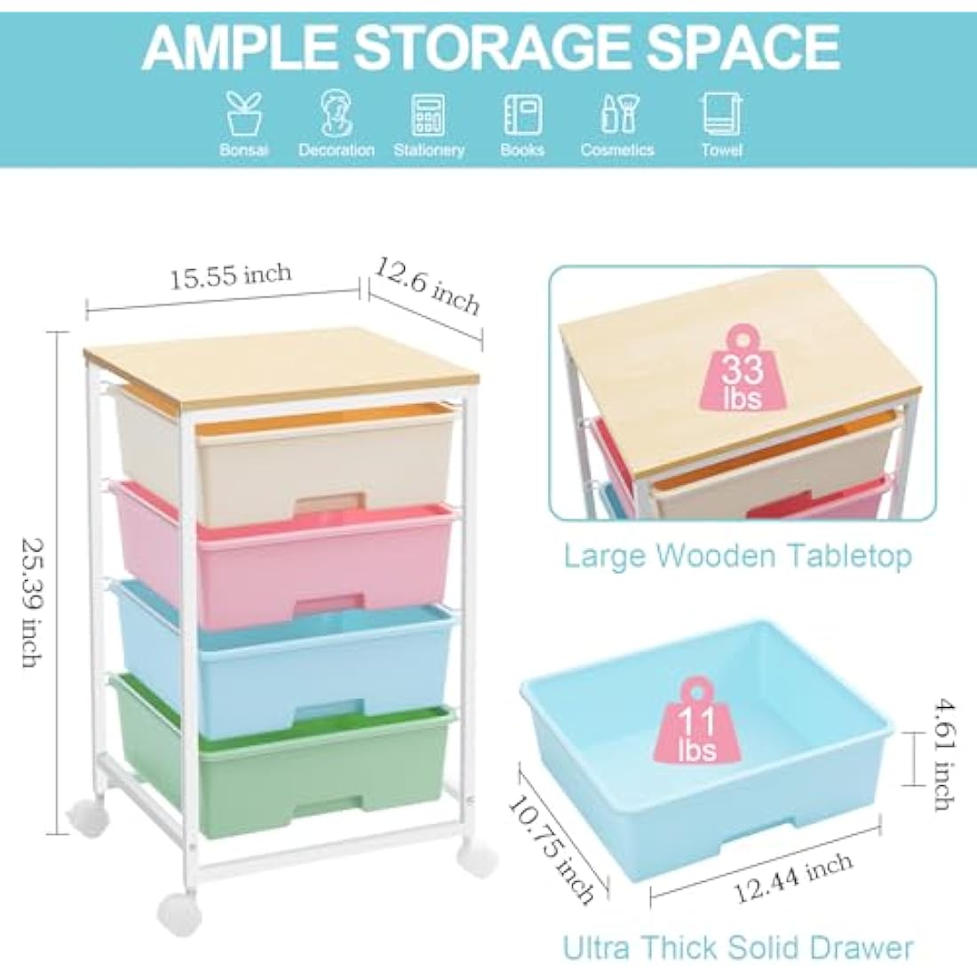 SYKIARIOL 4-Drawer Rolling Storage Cart | Mobile Utility Trolley with Wood Top