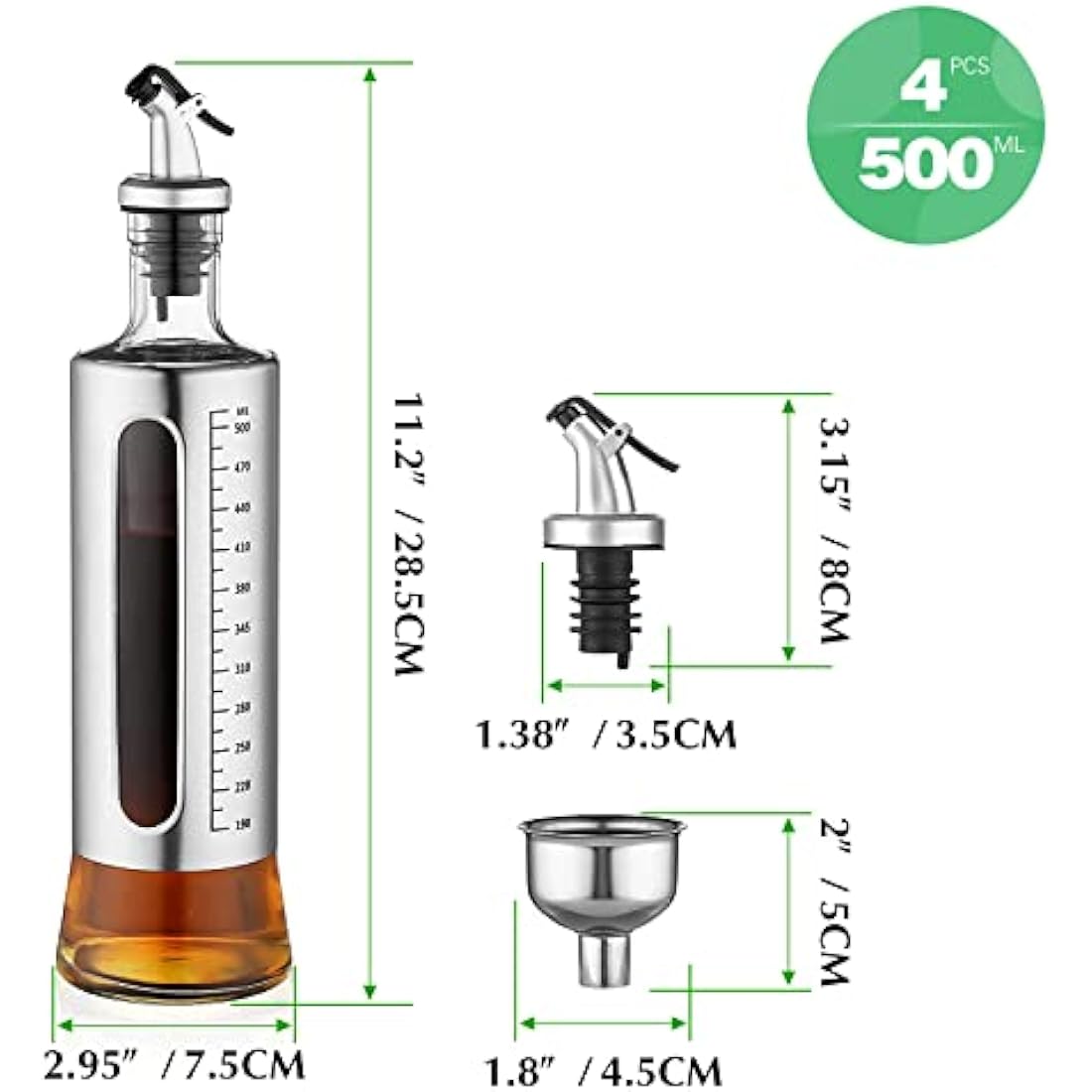 ACEWARMS Glass Oil Dispenser Bottle Set - 500ml Drip-Free Cruet, 4 Pack
