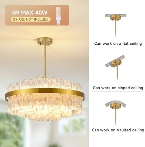 KUNYEEE Gold Crystal Chandelier – 60cm Modern K9 Flush Mount Ceiling Light