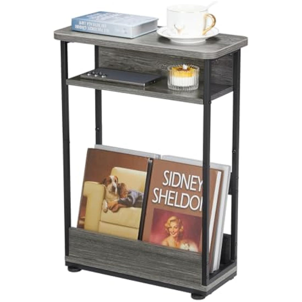 YEAKOO Narrow Side Table – Skinny Nightstand with Magazine Rack, Grey