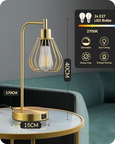 EDISHINE Industrial Bedside Lamps Set of 2 | Dimmable Touch Control Gold