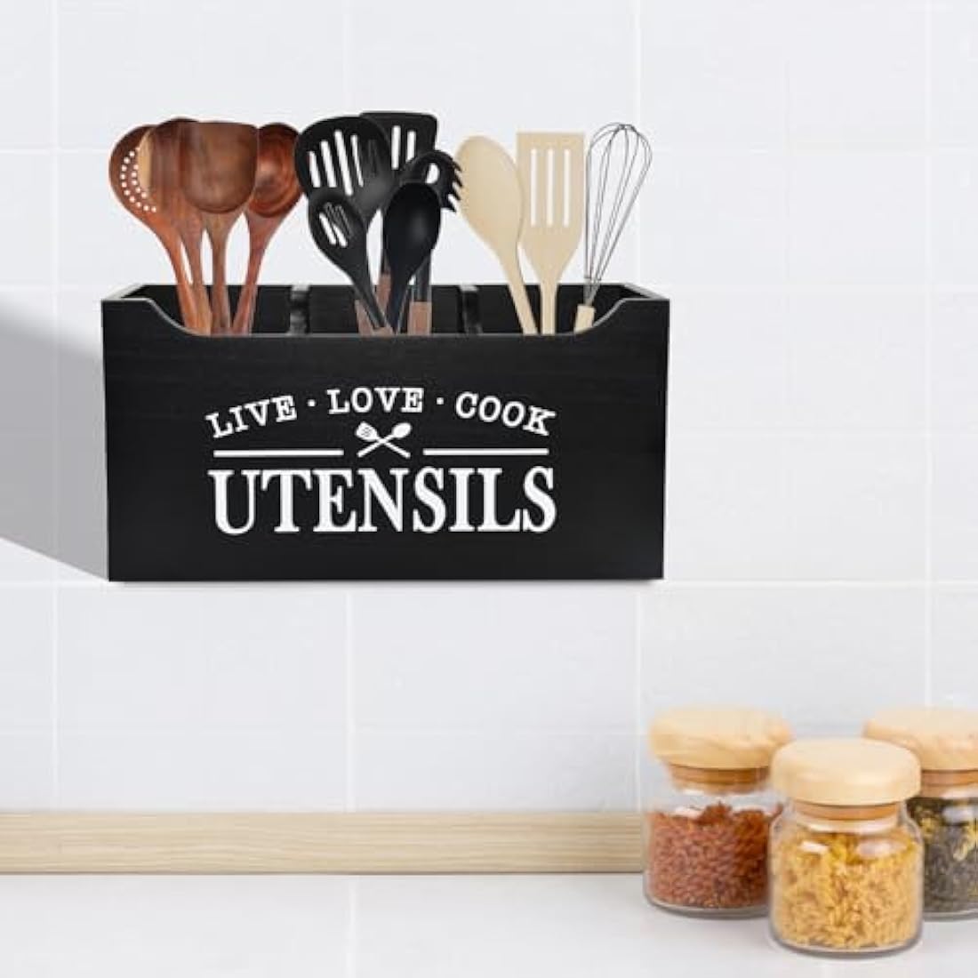 Karisky Wood Utensil Holder | 3-Compartment Farmhouse Kitchen Organizer