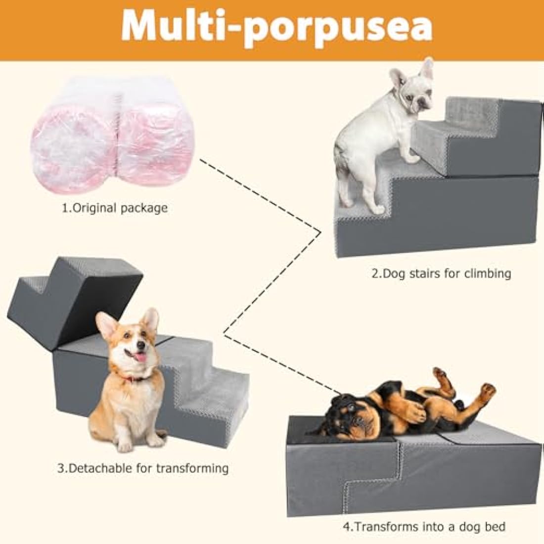 Nepfaivy 4-Step Foam Dog Stairs – Non-Slip Pet Steps for High Beds