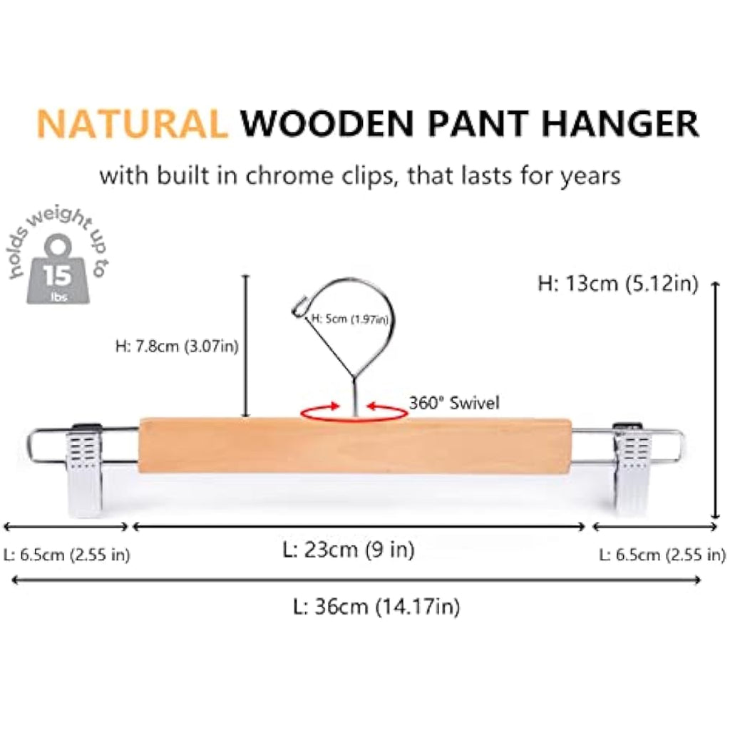 Amber Home Natural Wooden Pants Hangers with Adjustable Clips – 20 Pack