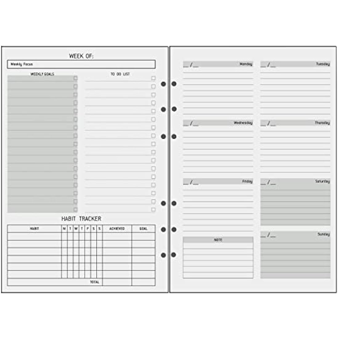 Undated A5 Weekly Planner Refill | 100gsm 6-Ring Binder Insert